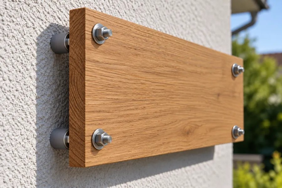Graue M8-Abstandshülsen halten ein Holzschild mit Abstand vor einer Außenwand