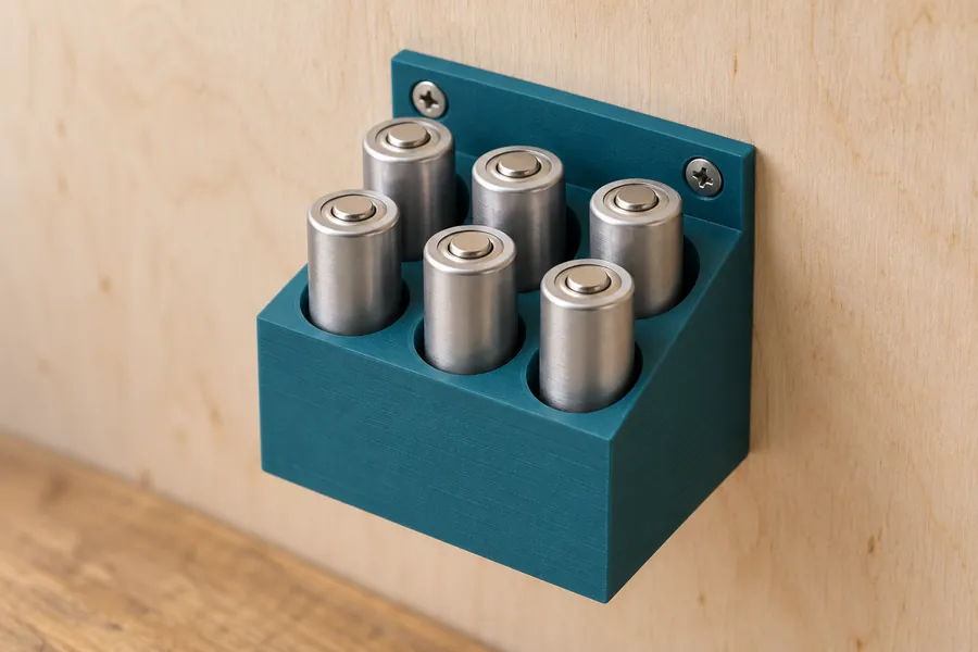 Batteriehalter für 18650-Zellen an einer Werkstattwand
