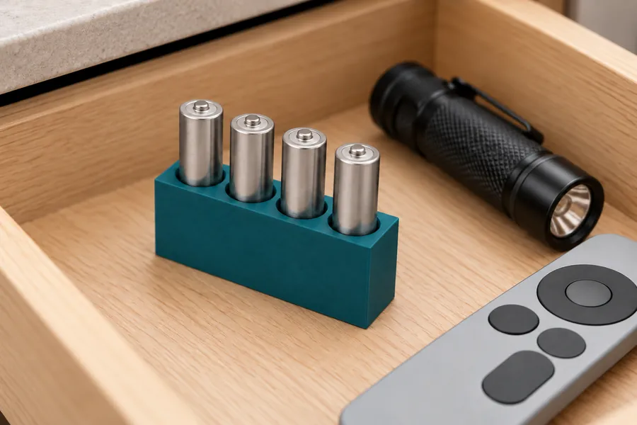 Batteriehalter mit vier AAA-Zellen in einer Küchenschublade