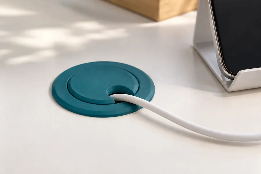 Kleine Kabeldurchführung in einer weißen Schreibtischplatte mit einem Ladekabel
