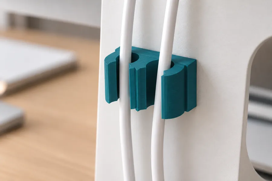 Kleiner Kabelclip hält zwei USB-Kabel an einem Monitorständer