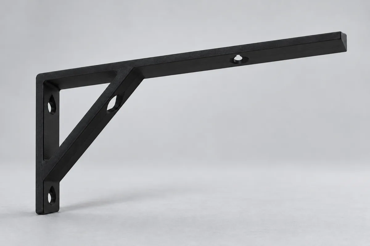Black printed shelf bracket with a diagonal brace, access hole and screw holes on a light grey background