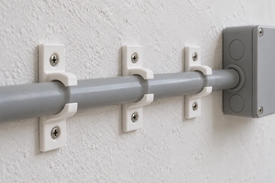 Weiße Rohrclips halten ein graues Elektro-Leerrohr an der Wand