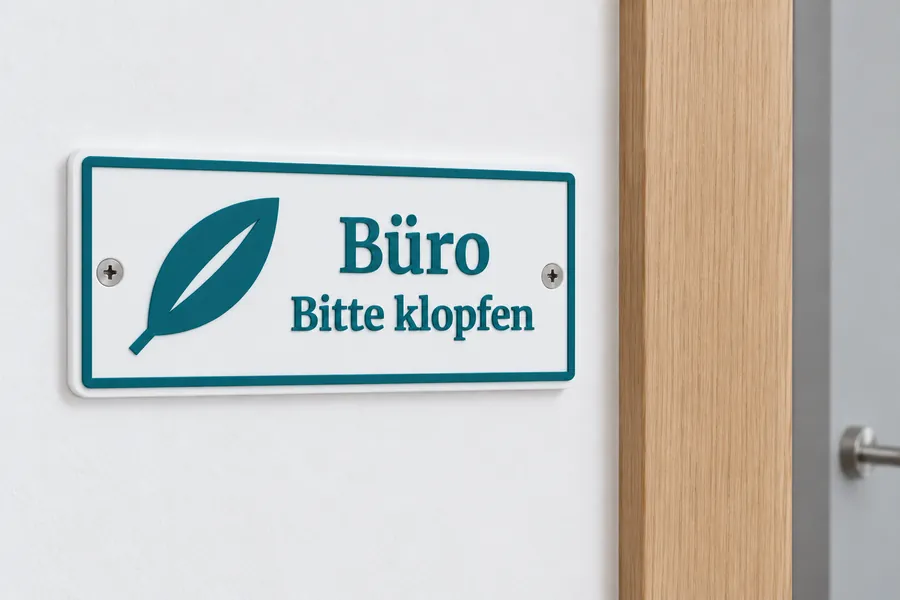 White printed "Büro, Bitte klopfen" (office, please knock) sign in petrol with a leaf logo, screwed to an office door