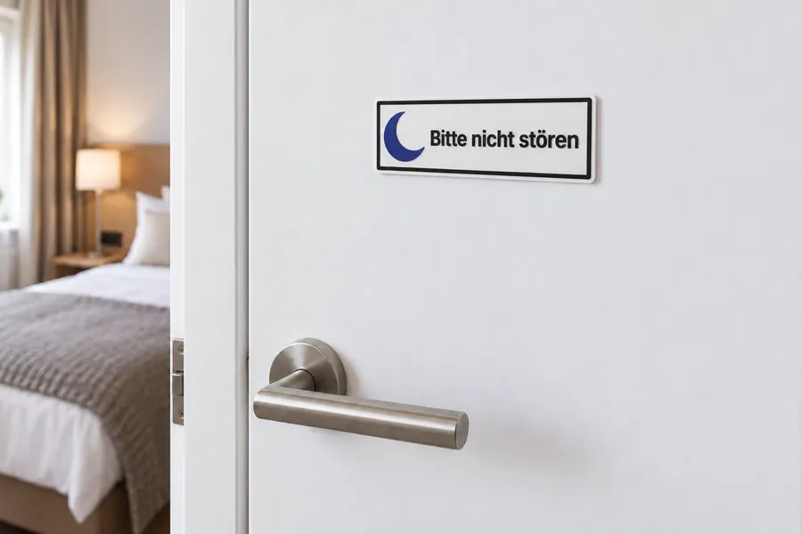 White printed "Bitte nicht stören" (do not disturb) sign with a blue moon on a room door