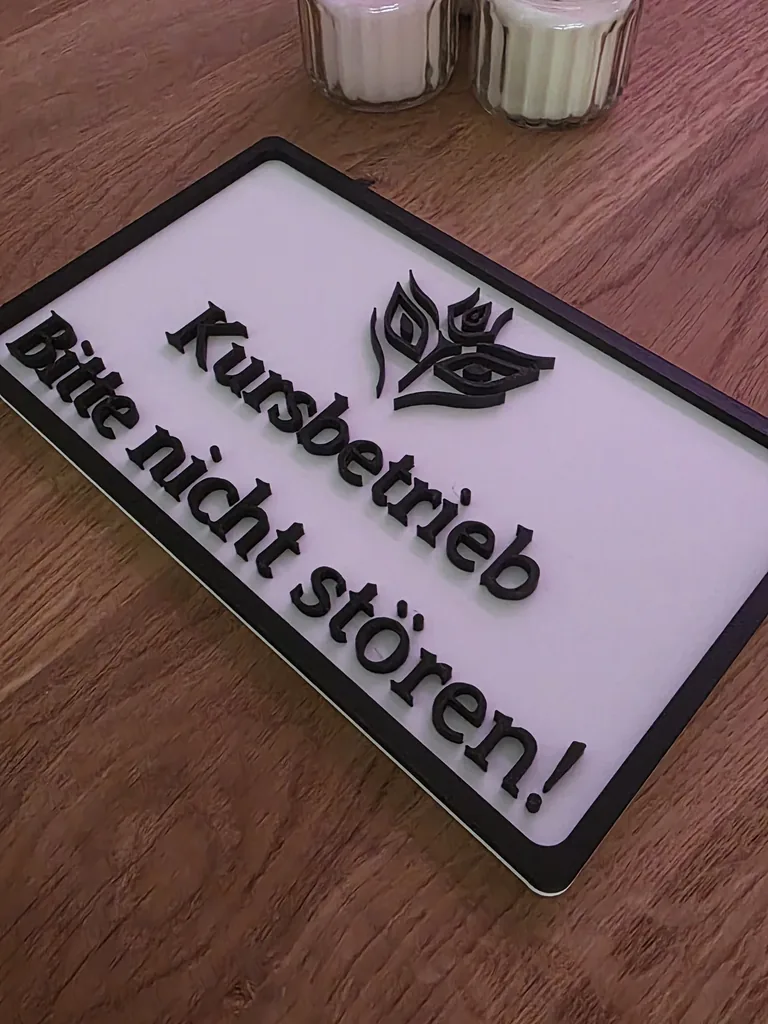 The same sign at an angle, the black lettering and the logo are clearly raised