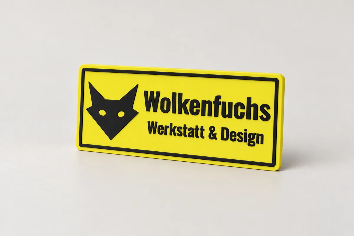 Yellow printed company sign with black frame, black text "Wolkenfuchs, Werkstatt & Design" and fox head logo on a light grey background