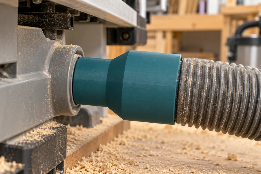 Large adapter connecting a workshop vacuum to a table saw