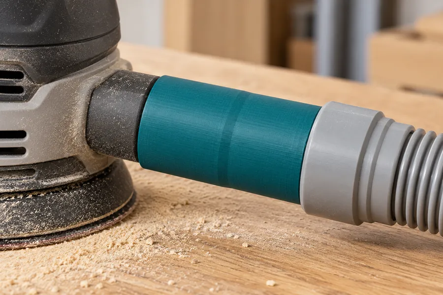 Small adapter connecting a cordless sander to a vacuum hose