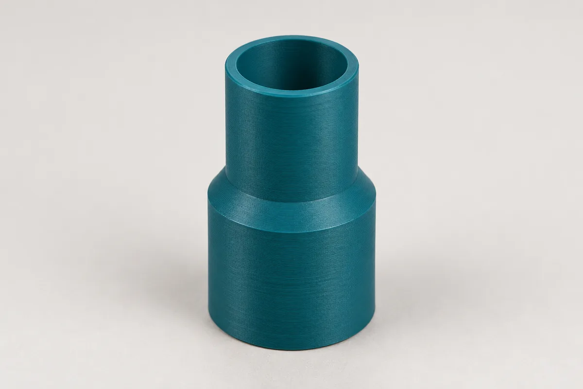A petrol printed vacuum hose adapter with socket, taper and spigot on a light grey background