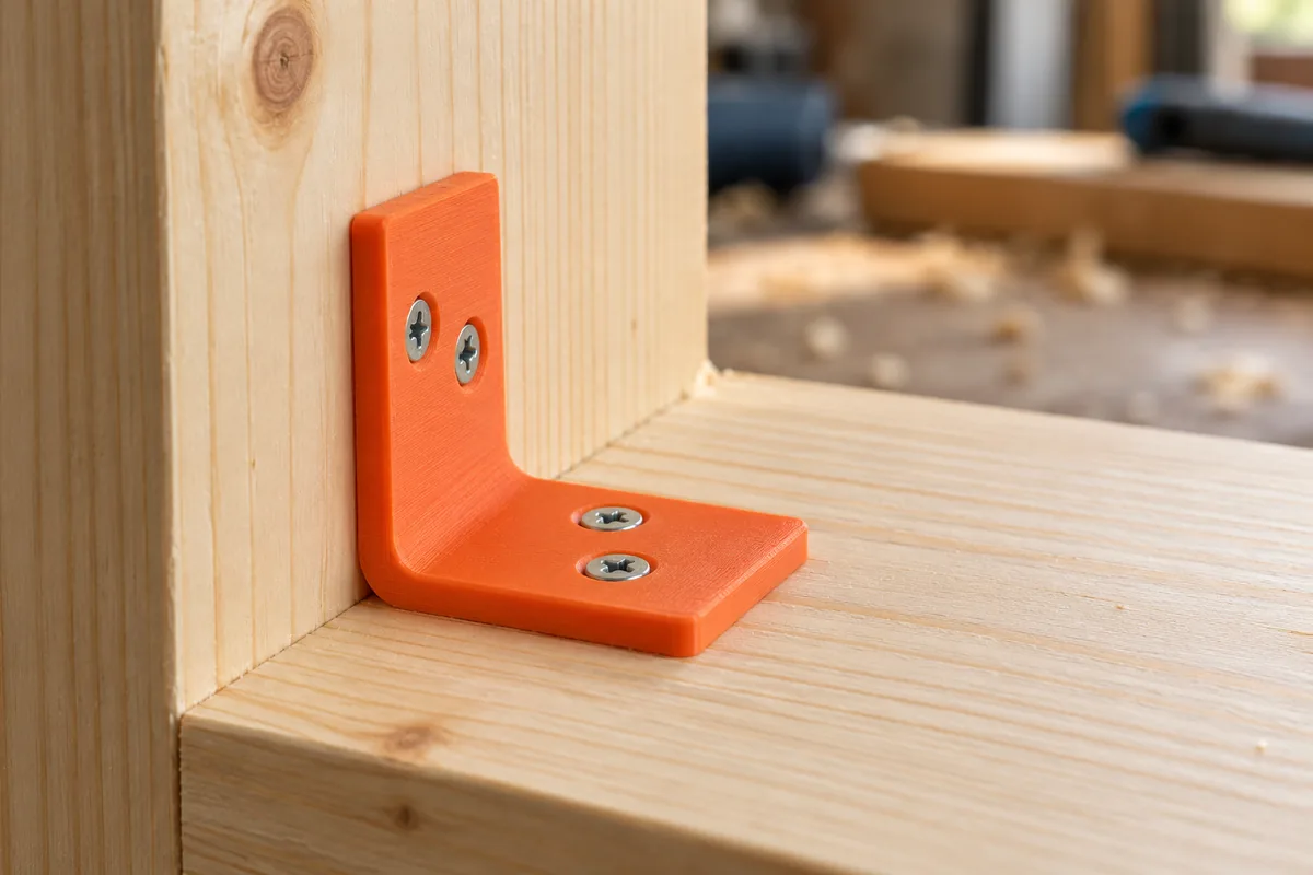 Orangefarbener gedruckter Winkelhalter verbindet zwei Holzleisten in der Ecke, mit vier Senkschrauben