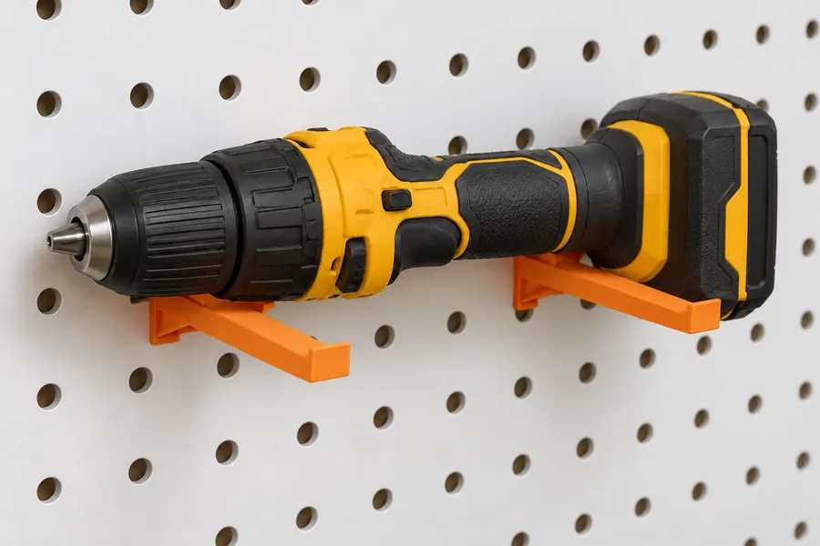 Two orange flat rests carrying a cordless drill on the pegboard