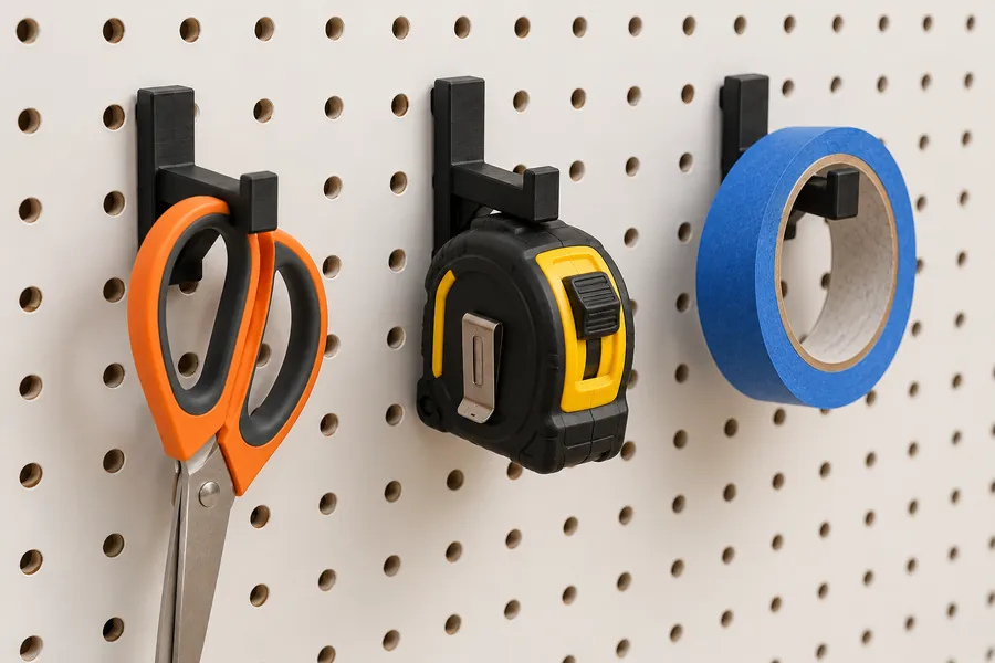 Short black pegboard hooks holding scissors, a tape measure and tape