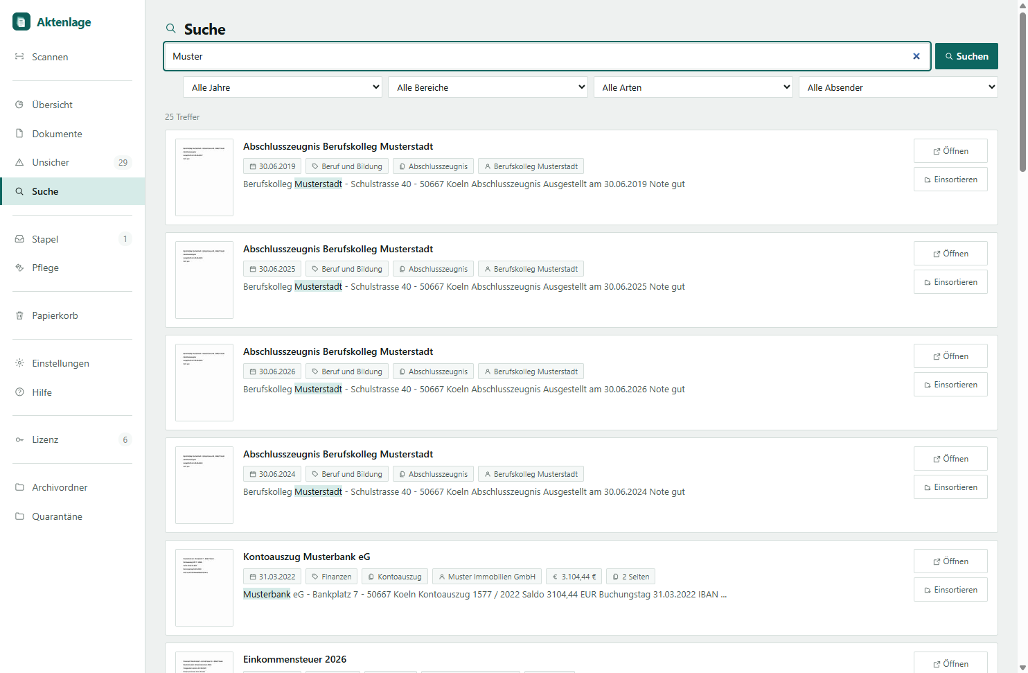 Die Suche in Aktenlage: 25 Treffer zum Wort Muster, jeder mit Vorschaubild, Titel, Datum, Bereich, Dokumentart, Absender und Betrag. Im Textausschnitt sind die Fundstellen hervorgehoben.