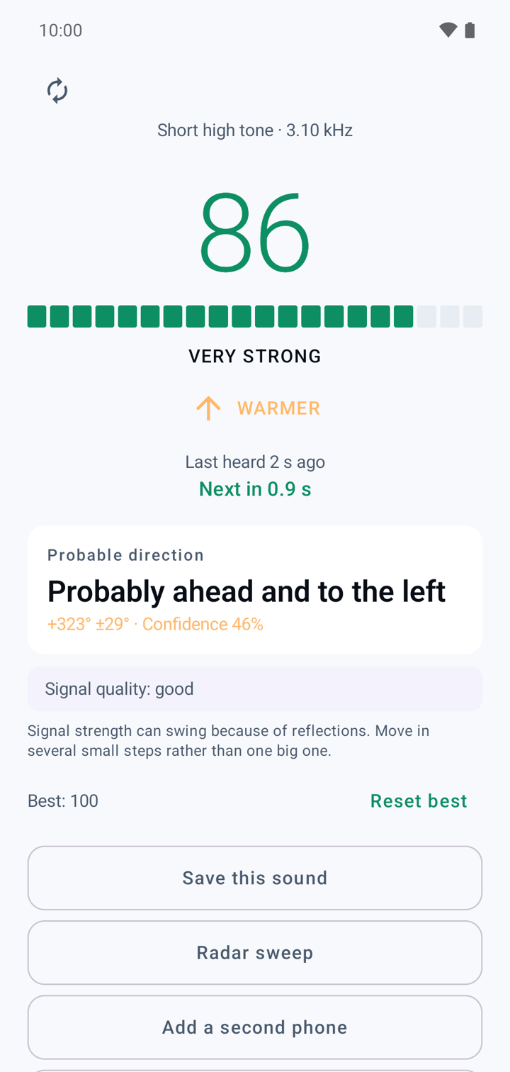 BeepHunt while searching: strength on a scale up to 100, the trend “warmer”, the time until the next beep and the probable direction.