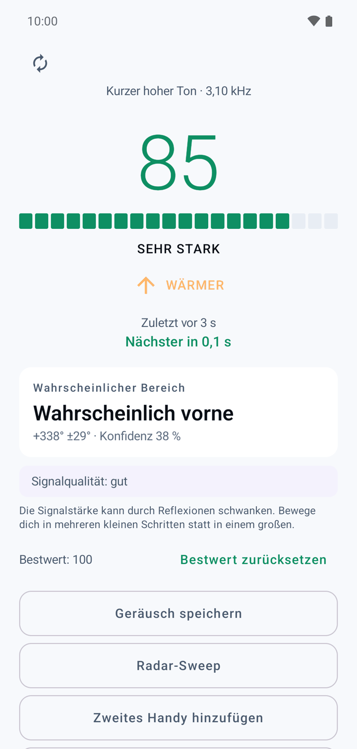 BeepHunt beim Suchen: Stärke auf einer Skala bis 100, der Trend „wärmer“, die Zeit bis zum nächsten Piep und die wahrscheinliche Richtung.