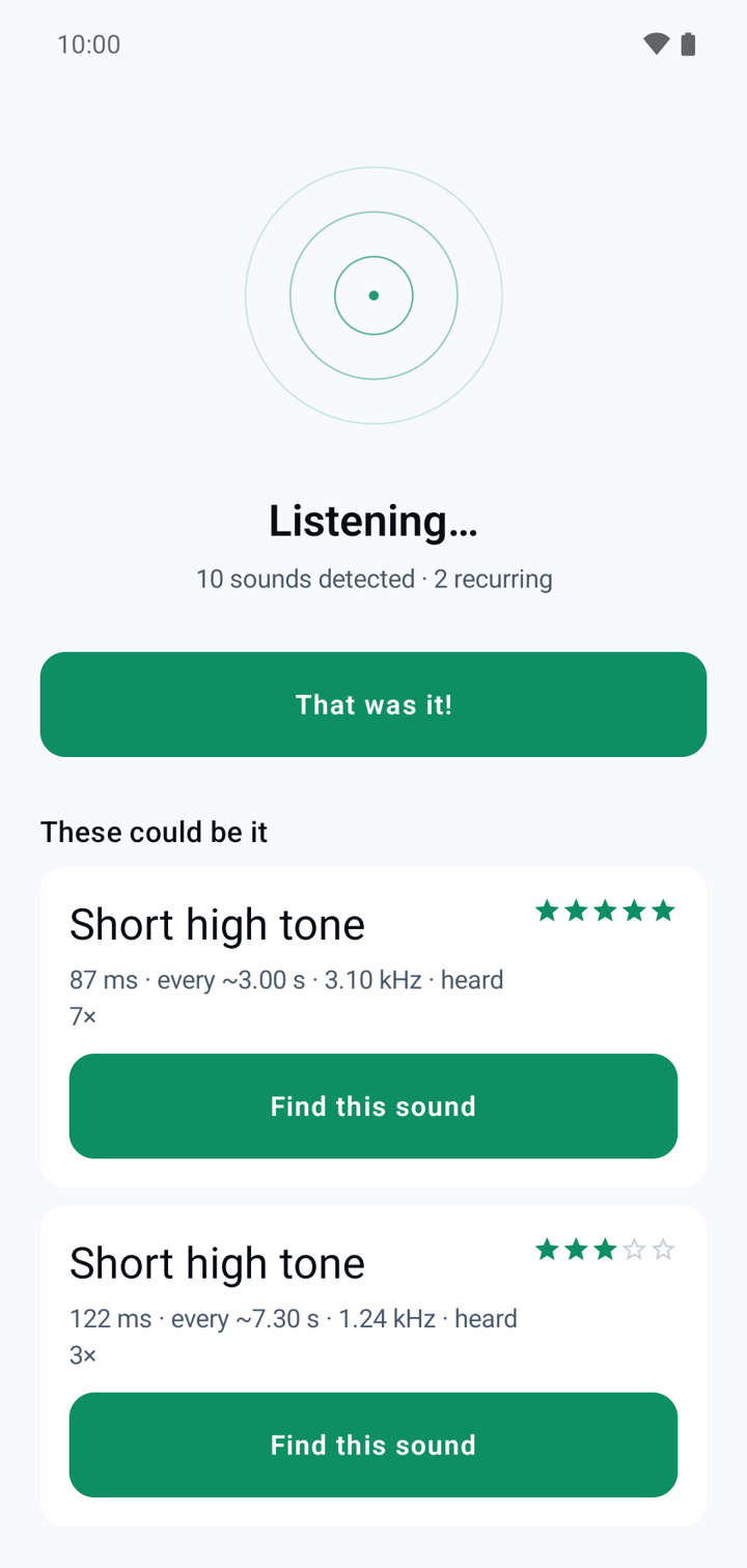 The list of sounds heard: recurring tones with duration, interval, frequency and stars for how evenly they recur.