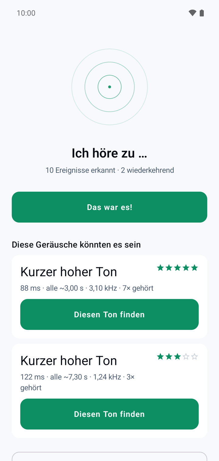 Die Liste der gehörten Geräusche: wiederkehrende Töne mit Dauer, Takt, Frequenz und Sternen dafür, wie gleichmäßig sie wiederkehren.
