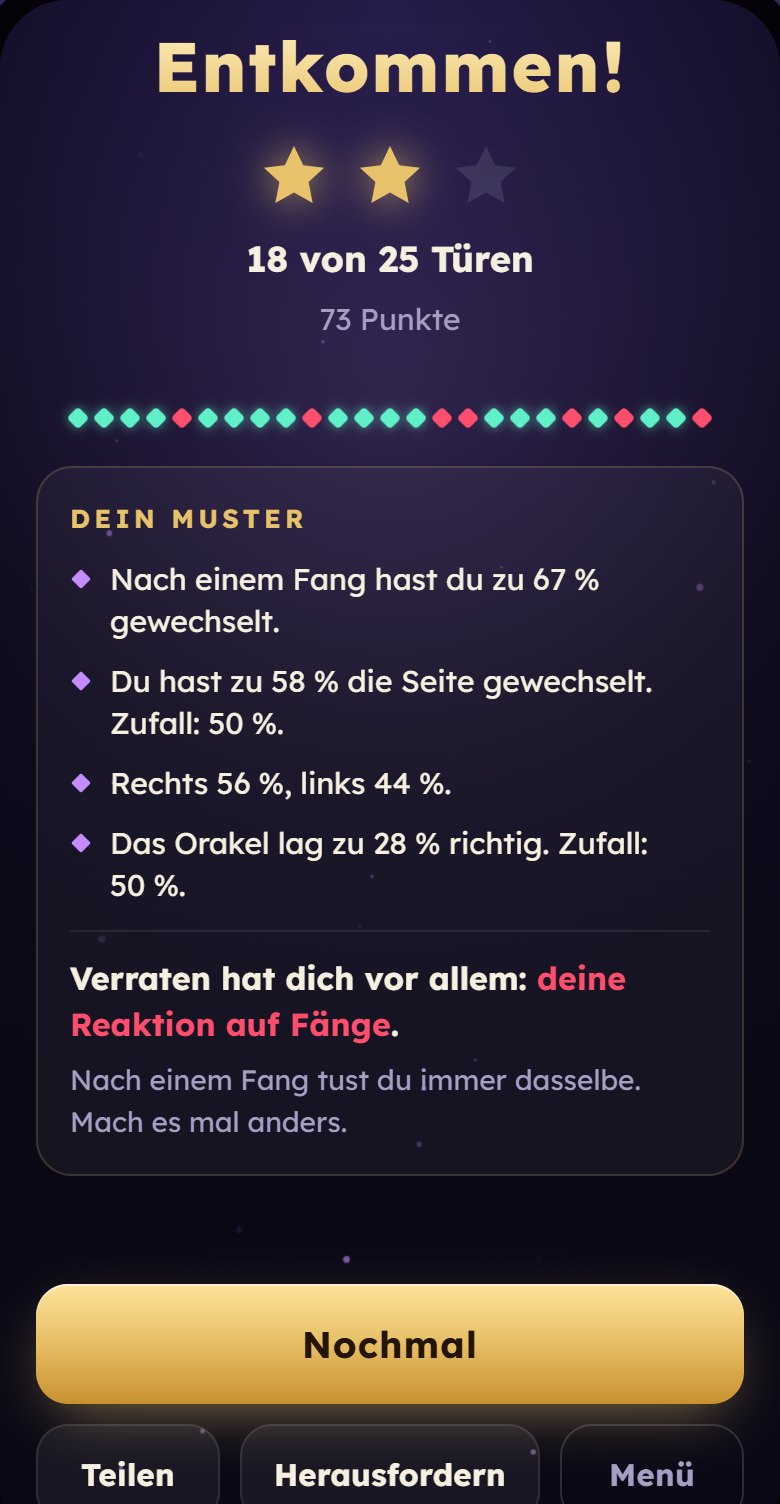 Auswertung nach einer Partie: zwei von drei Sternen, 18 von 25 Türen, darunter das eigene Muster in Prozent.