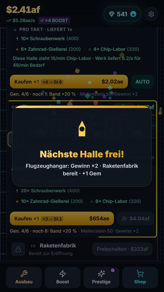 Einblendung „Nächste Halle frei!“: Der Flugzeughangar erreicht Gewinn ×2, die Raketenfabrik ist bereit, dazu gibt es ein Gem.