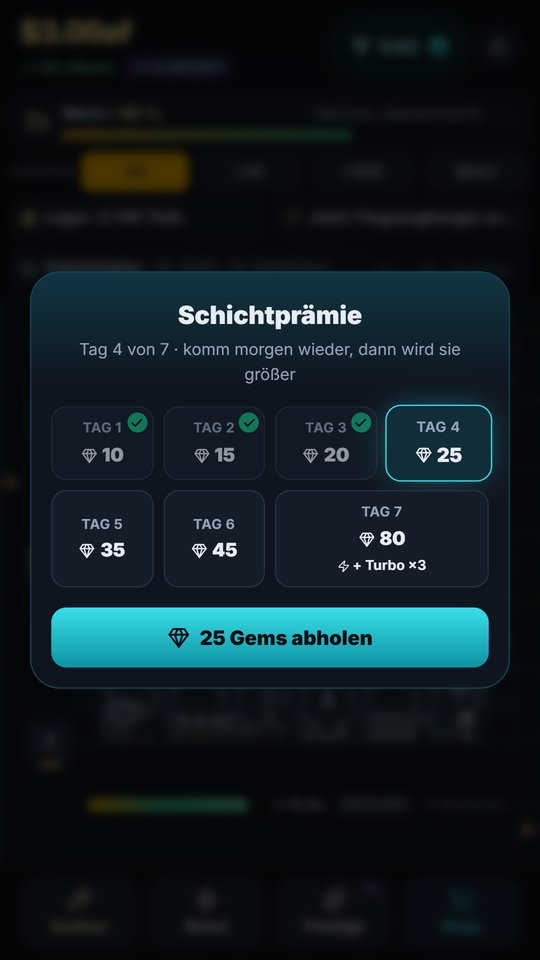 Die Schichtprämie am vierten von sieben Tagen: 10, 15, 20 und 25 Gems, am siebten Tag 80 Gems und Turbo ×3.