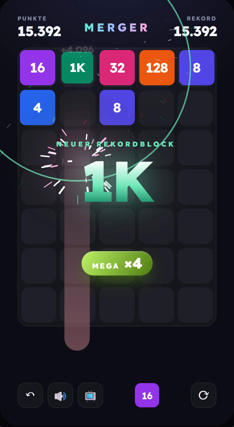 Ein neuer Rekordblock mit dem Wert 1K wird mit Konfetti, Schockwelle und großer Schrift gefeiert.
