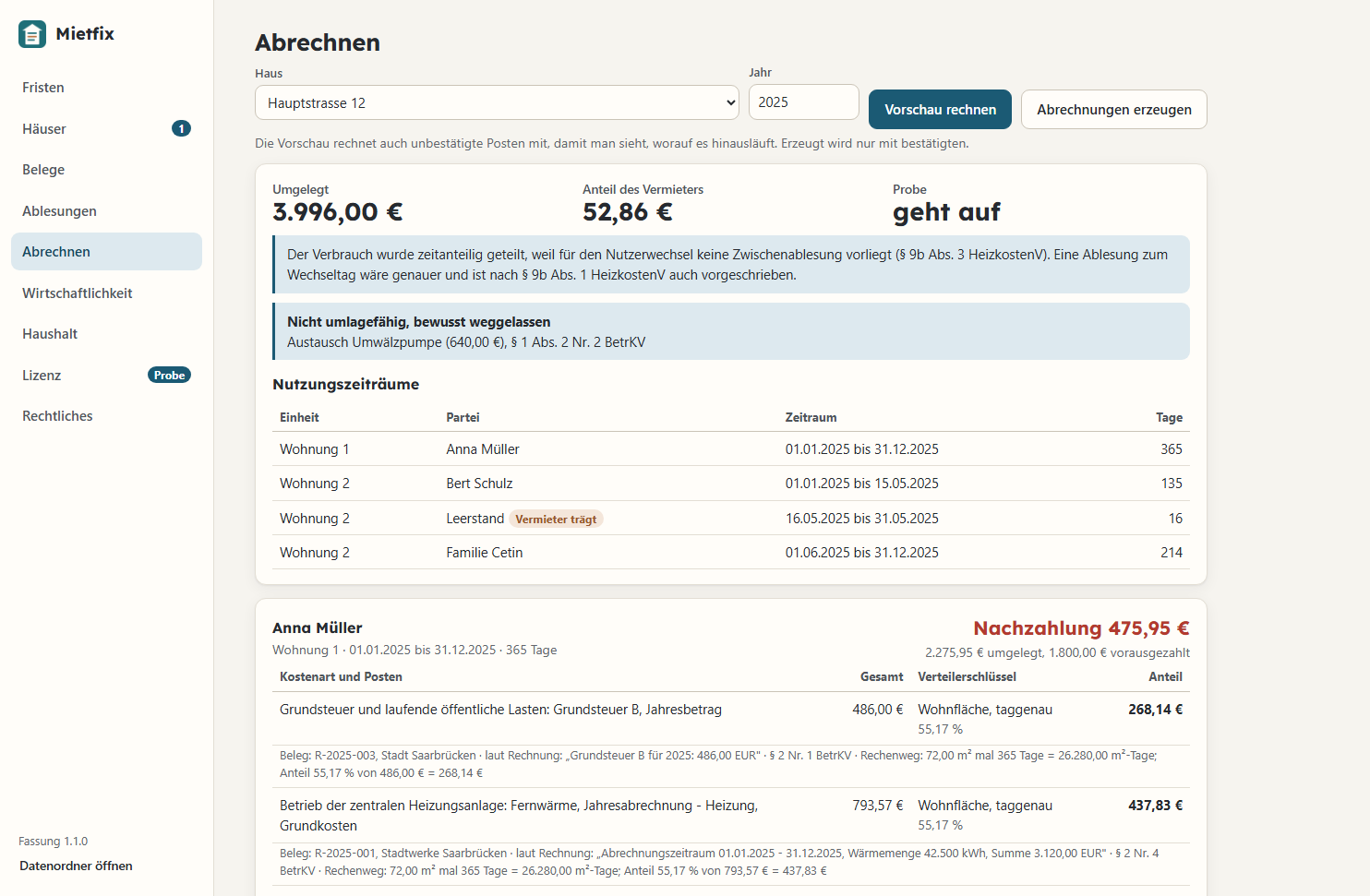 Abrechnung in Mietfix für ein Haus mit zwei Wohnungen. Oben die Nutzungszeiträume mit Mieterwechsel und Leerstand, darunter jede Position mit Beleg, Verteilerschlüssel und Rechenweg.
