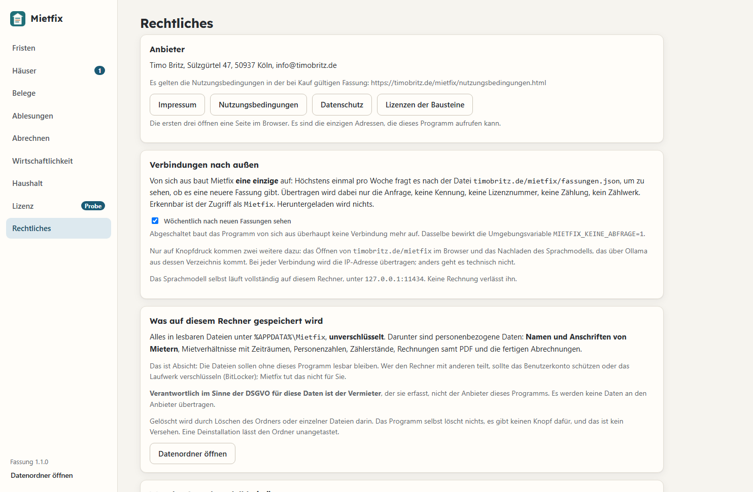Der Bereich Rechtliches in Mietfix: Anbieter, Knöpfe zu Impressum, Nutzungsbedingungen und Datenschutz, der Schalter für die Suche nach Updates und die Liste der unverschlüsselt gespeicherten Daten.