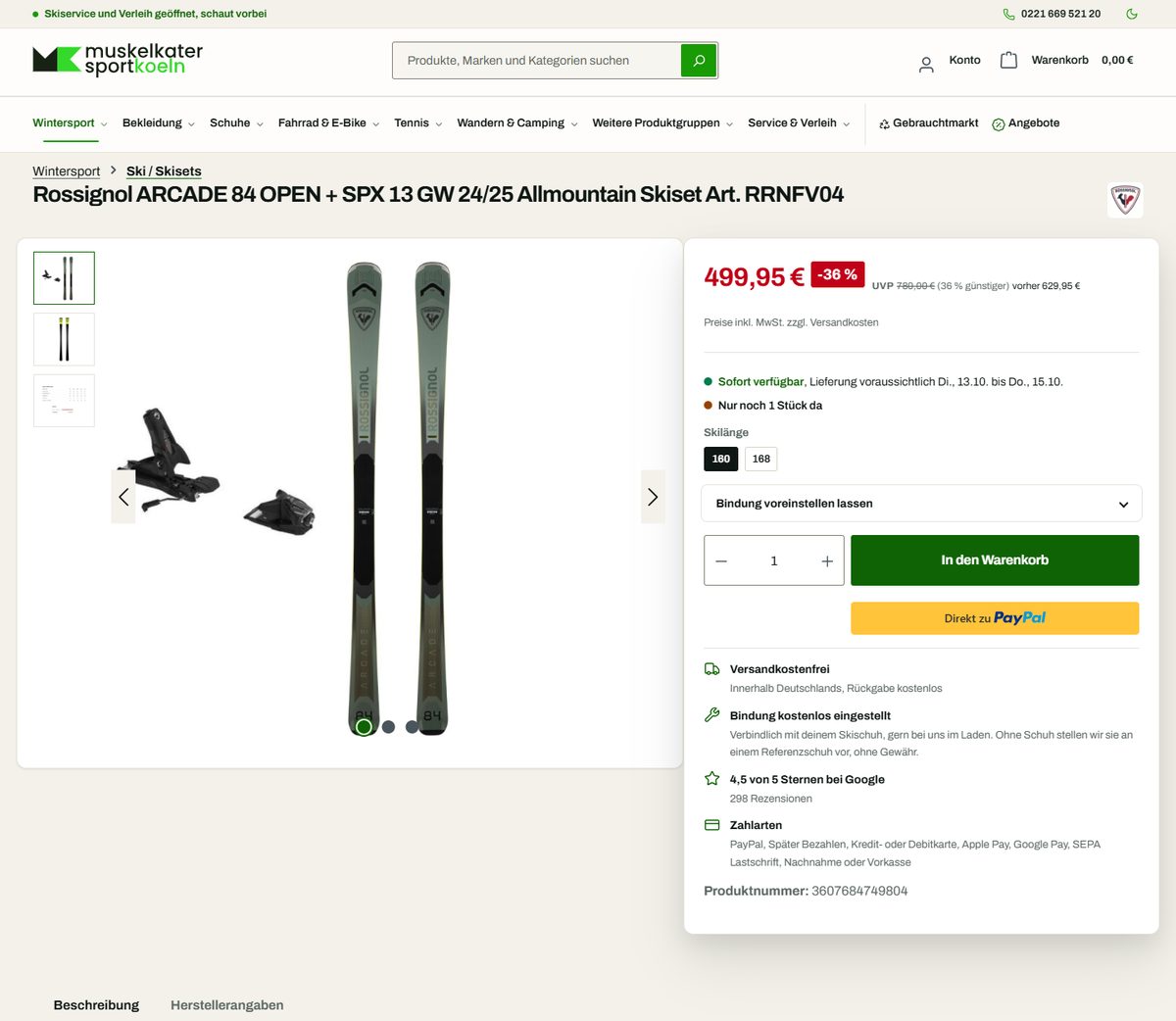 Produktseite eines Skisets: rechts die Kaufkarte mit Preis, Liefertermin, Restbestand, Skilänge und Bindungseinstellung.