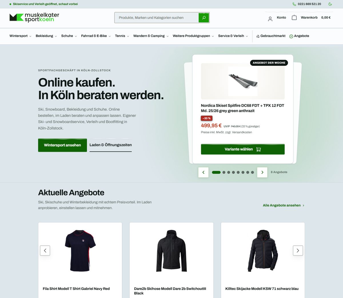 Startseite im Oktober 2026: links ein Satz zum Laden mit zwei Schaltflächen, rechts das Angebot der Woche als Kartenstapel.