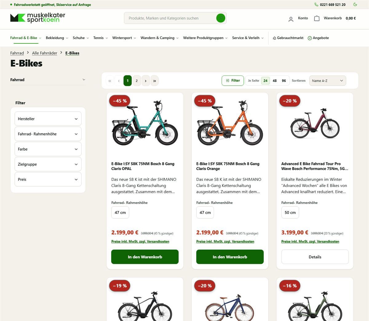 Kategorieseite nach dem Umbau: Überschrift E-Bikes, kompakte Filterspalte und Produktkarten mit sichtbarem Kaufknopf.