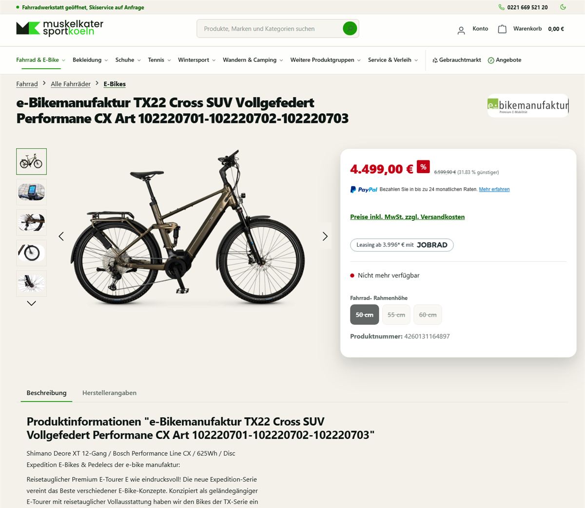 Produktseite nach dem Umbau: Bild links, abgesetzte Kaufkarte rechts mit Preis, Größe und Verfügbarkeit.