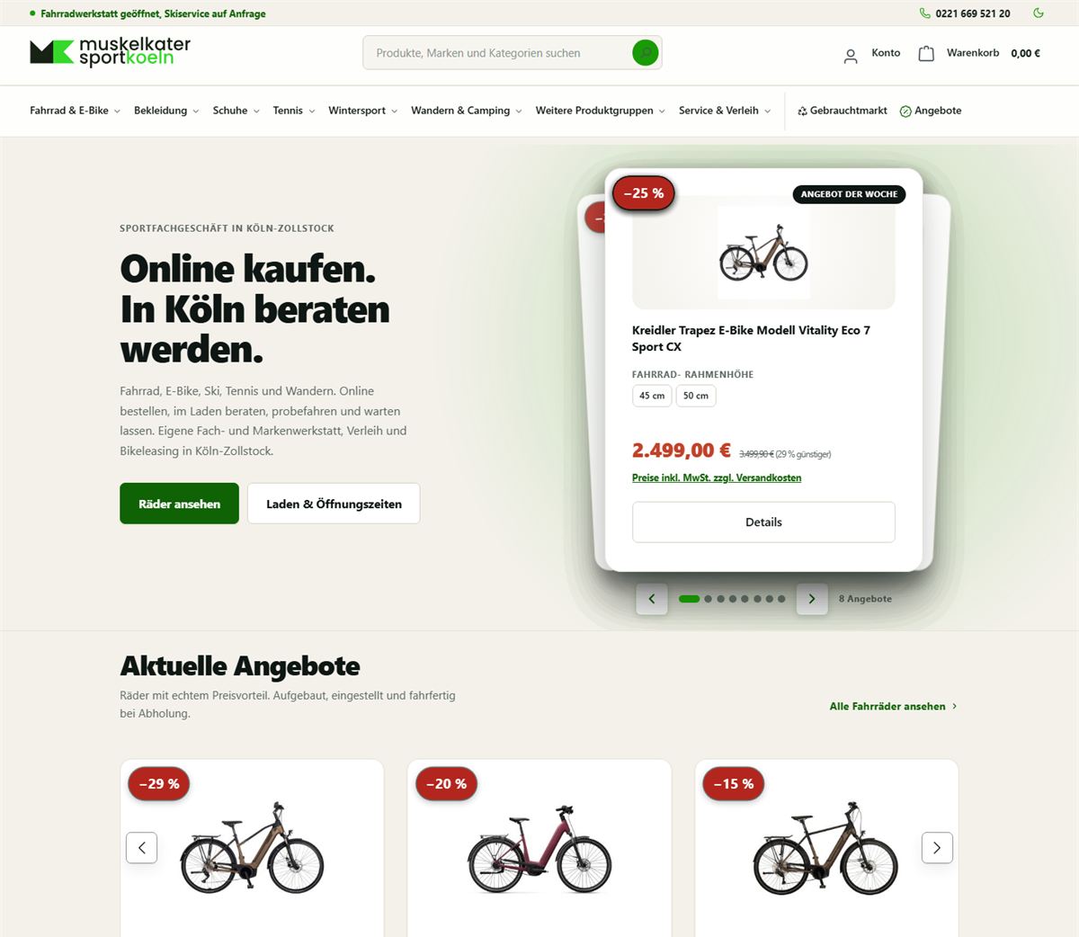 Startseite nach dem Umbau: ruhige Willkommensfläche mit Text links und einer Angebotskarte rechts.