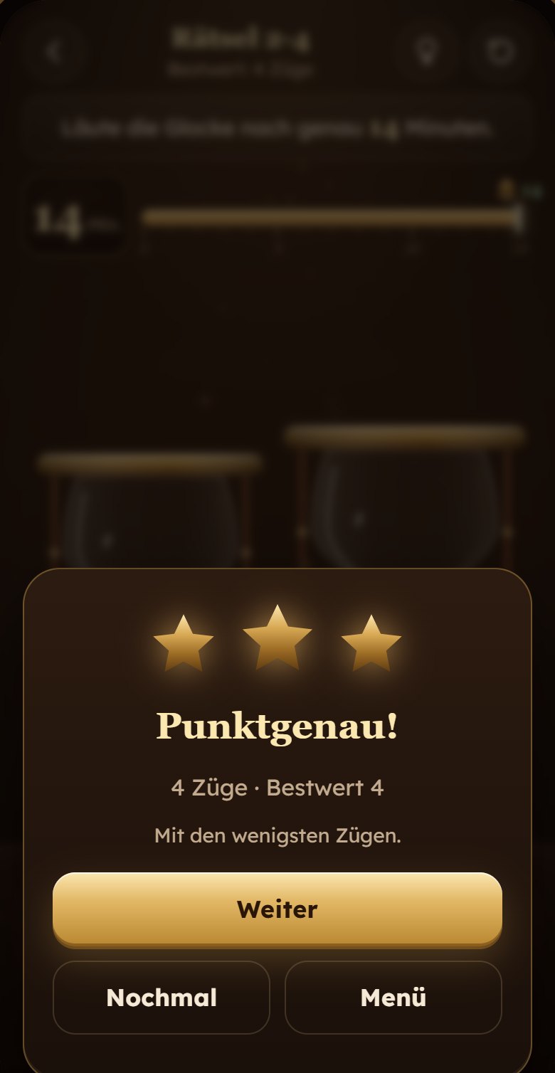 Rätsel gelöst: drei Sterne, Punktgenau, 4 Züge bei Bestwert 4.