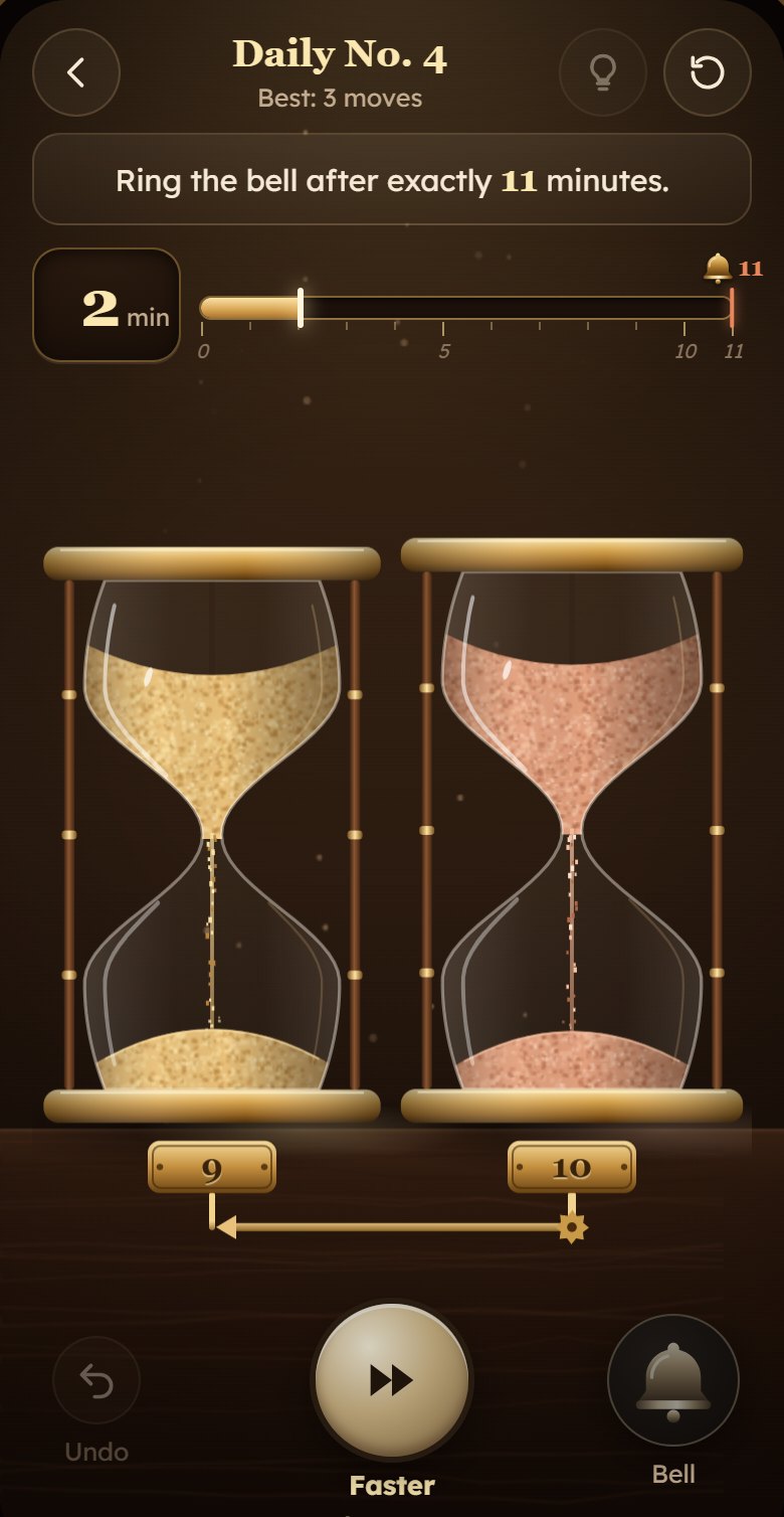 Daily puzzle number 4: two hourglasses of 9 and 10 minutes, linked by a lever.