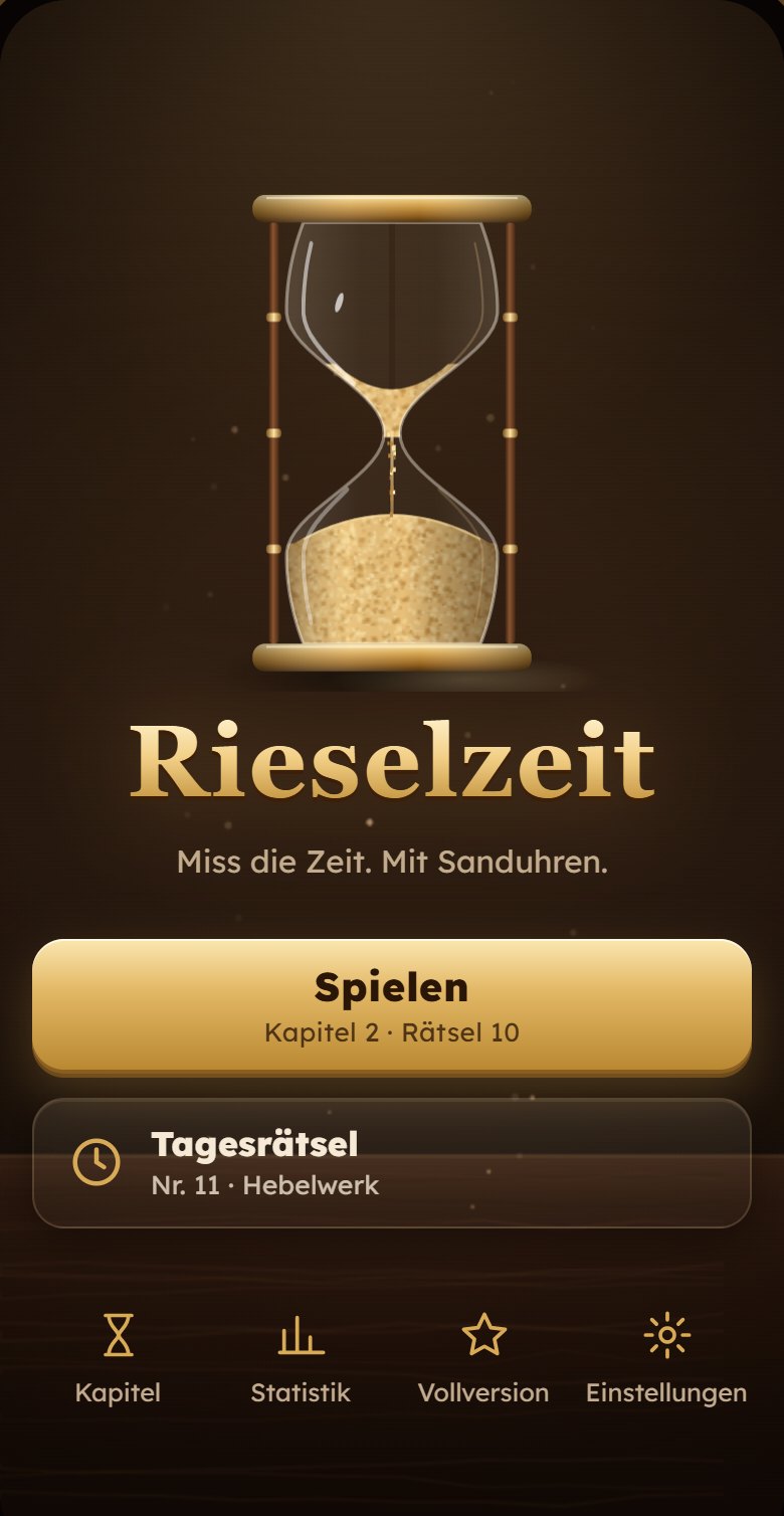 Startbildschirm mit einer großen Sanduhr, darunter Spielen und das Tagesrätsel.