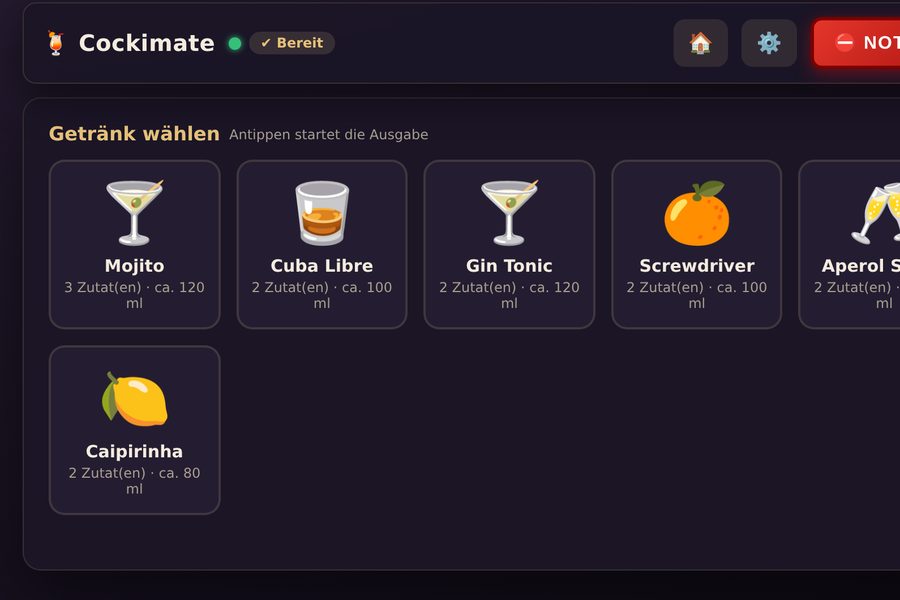 Bedienoberfläche der Cocktailmaschine: sechs Getränke zur Auswahl und ein Not-Aus-Knopf.