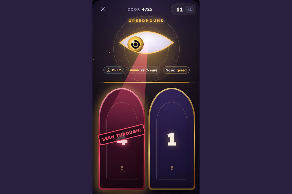 Durchschaut on a phone: the oracle looks at the left door, below it two doors with point values.
