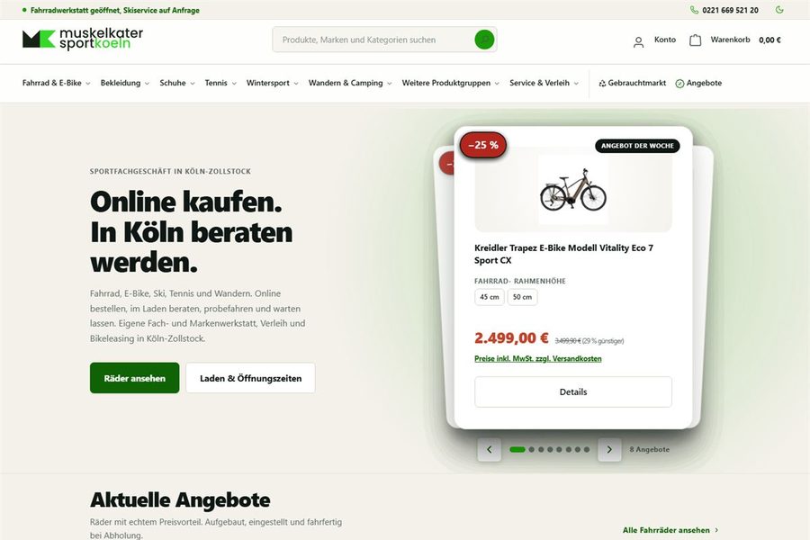 Startseite des Shops Muskelkater Sport mit Navigation, Aufmacher und einem E-Bike im Angebot.
