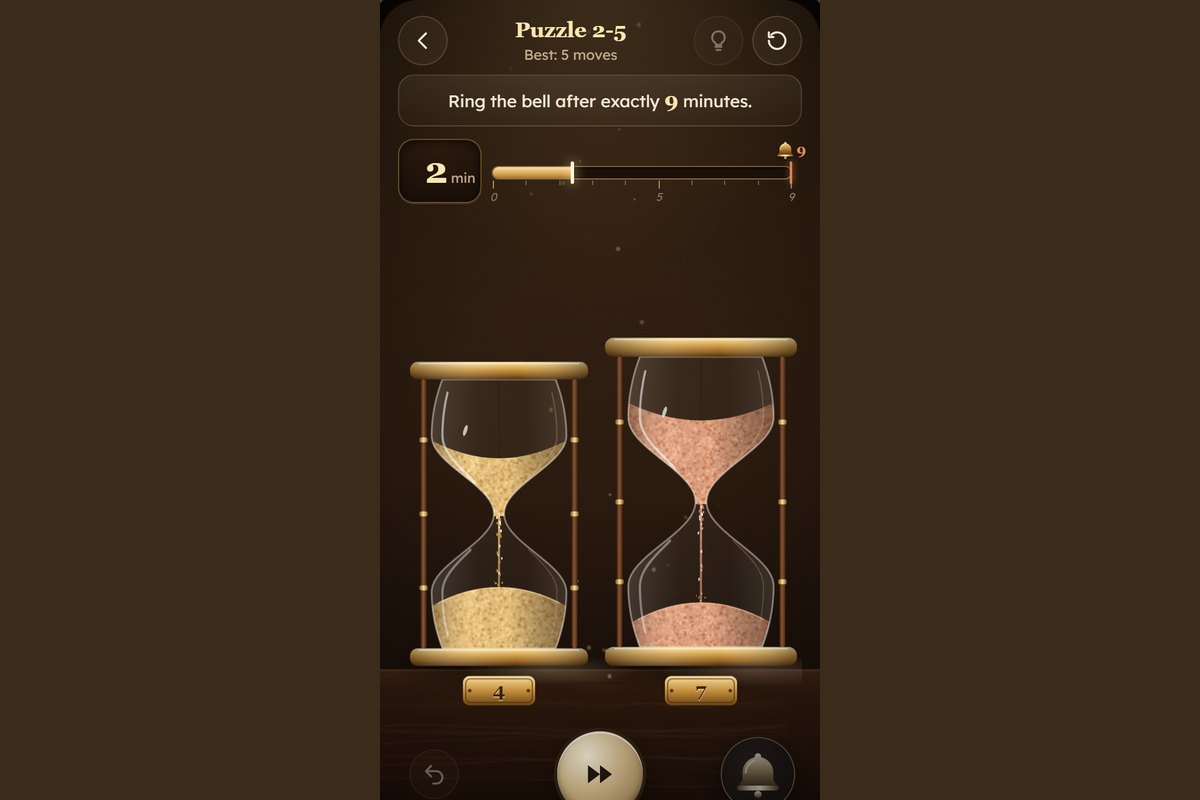 Rieselzeit on a phone: two hourglasses of 4 and 7 minutes, the bell is to ring after 9 minutes.
