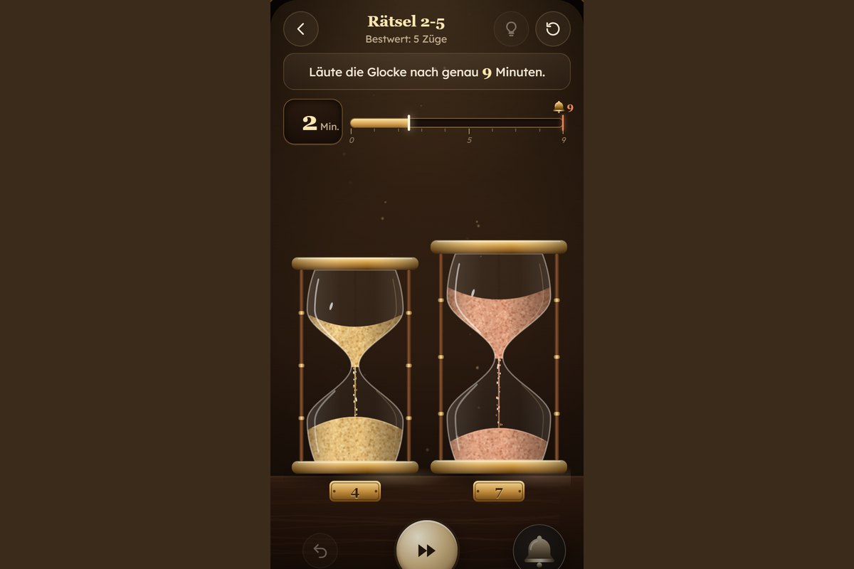 Rieselzeit auf dem Telefon: zwei Sanduhren mit 4 und 7 Minuten, die Glocke soll nach 9 Minuten läuten.