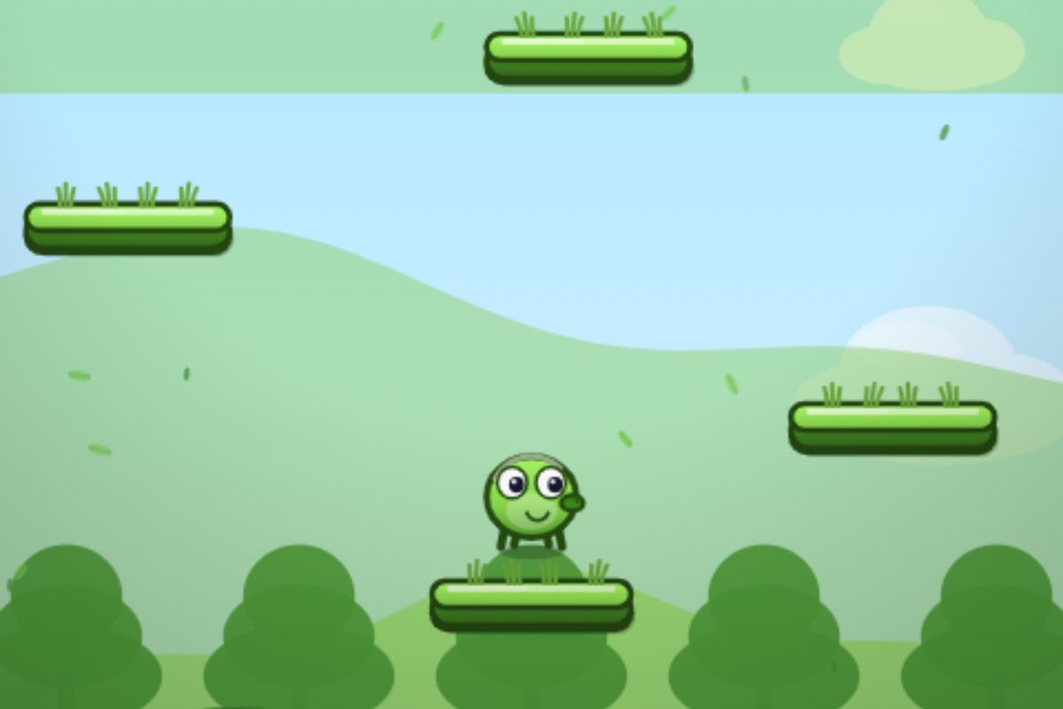 Squishly: die grüne Spielfigur springt über Grasplattformen, im Hintergrund Hügel und Bäume.