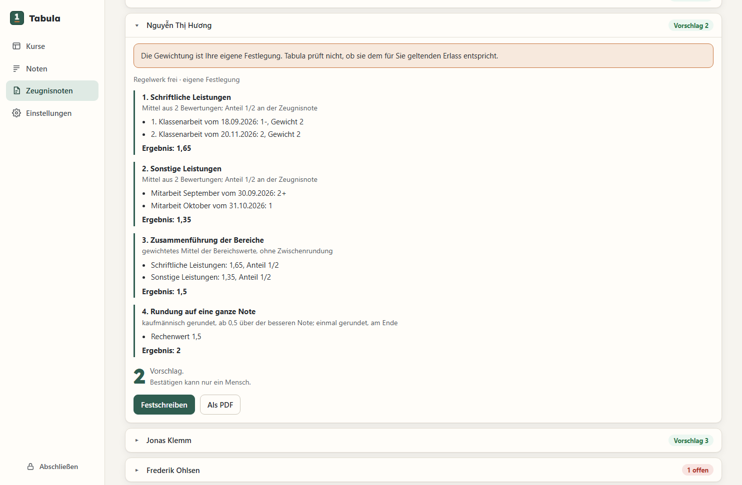 Herleitung einer Zeugnisnote in Tabula: Leistungen mit Datum, Note und Gewicht, darunter der Vorschlag 2 und der Knopf Festschreiben.
