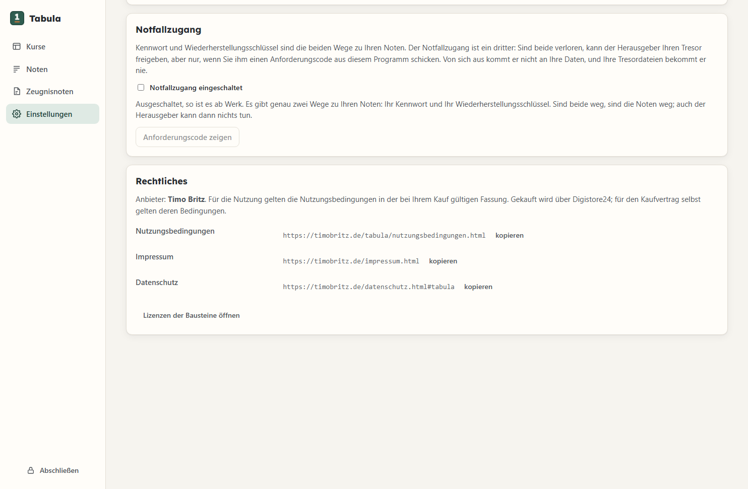 Einstellungen in Tabula: Der Notfallzugang ist ausgeschaltet.