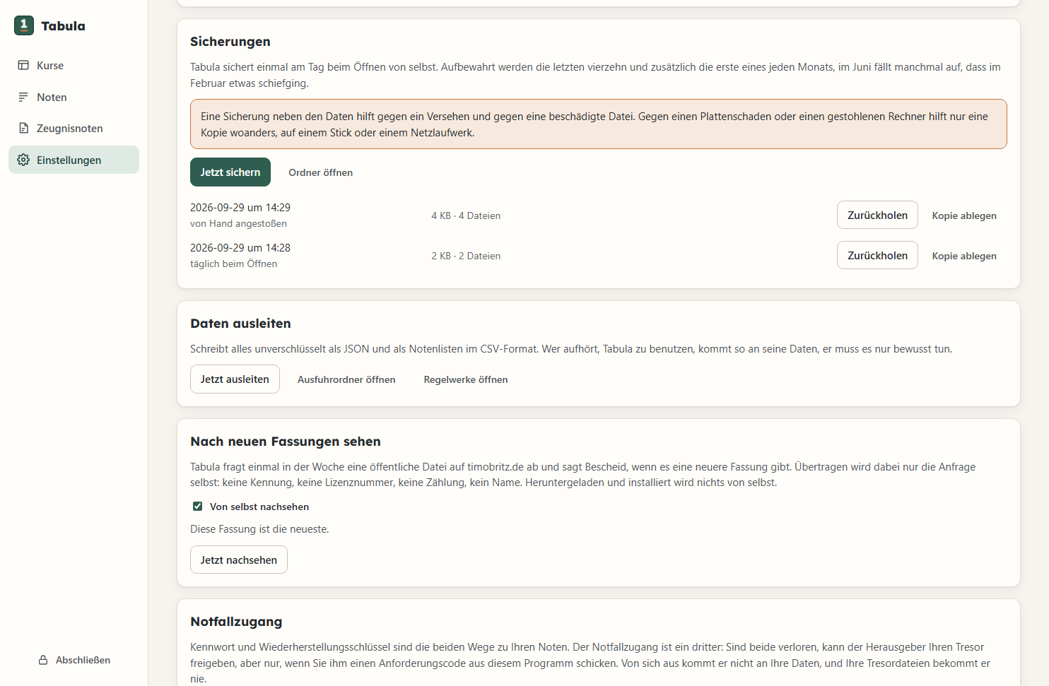 Einstellungen in Tabula mit dem Bereich Sicherungen.