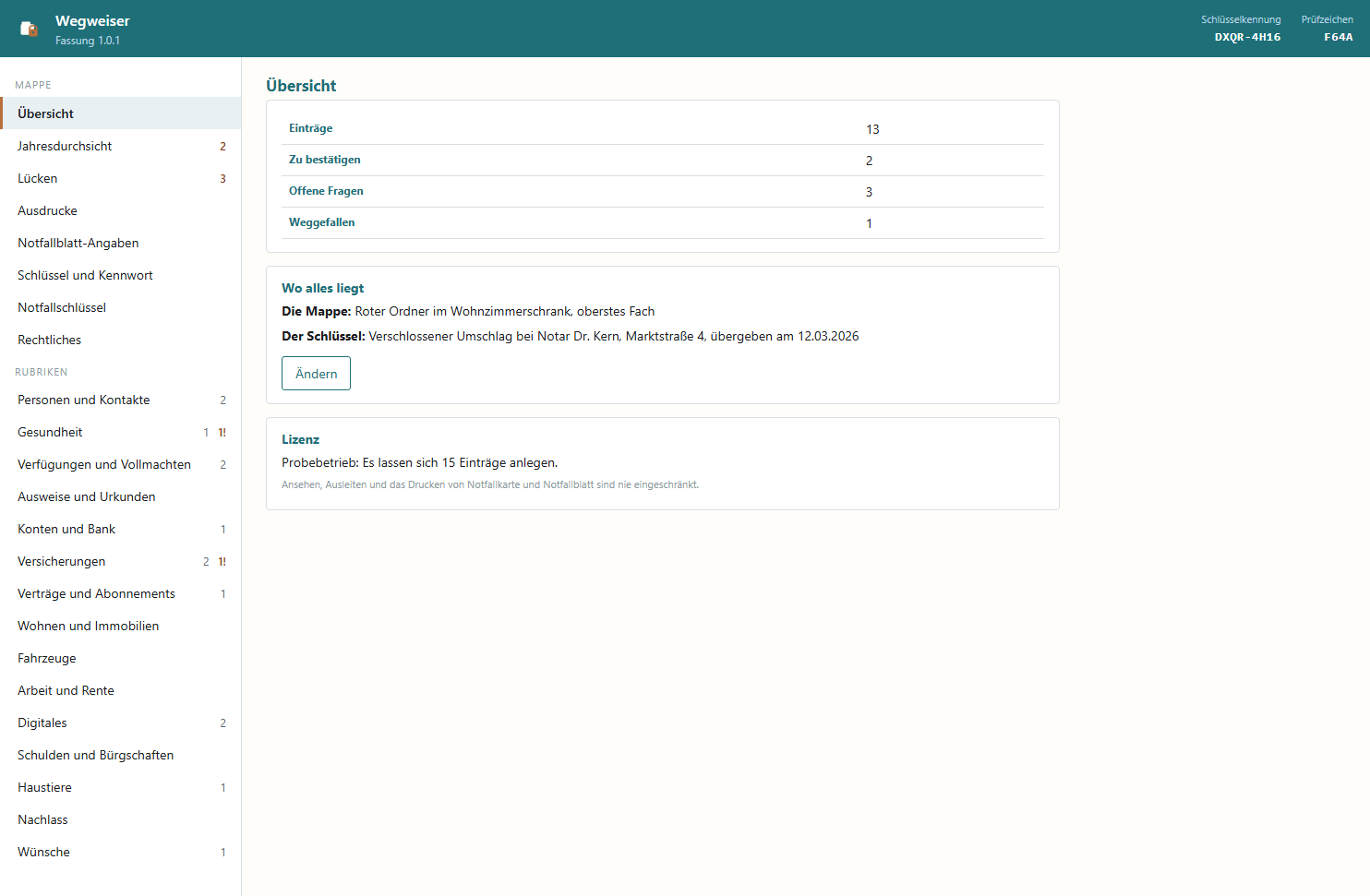 Wegweiser overview with the number of entries, open questions and the categories.