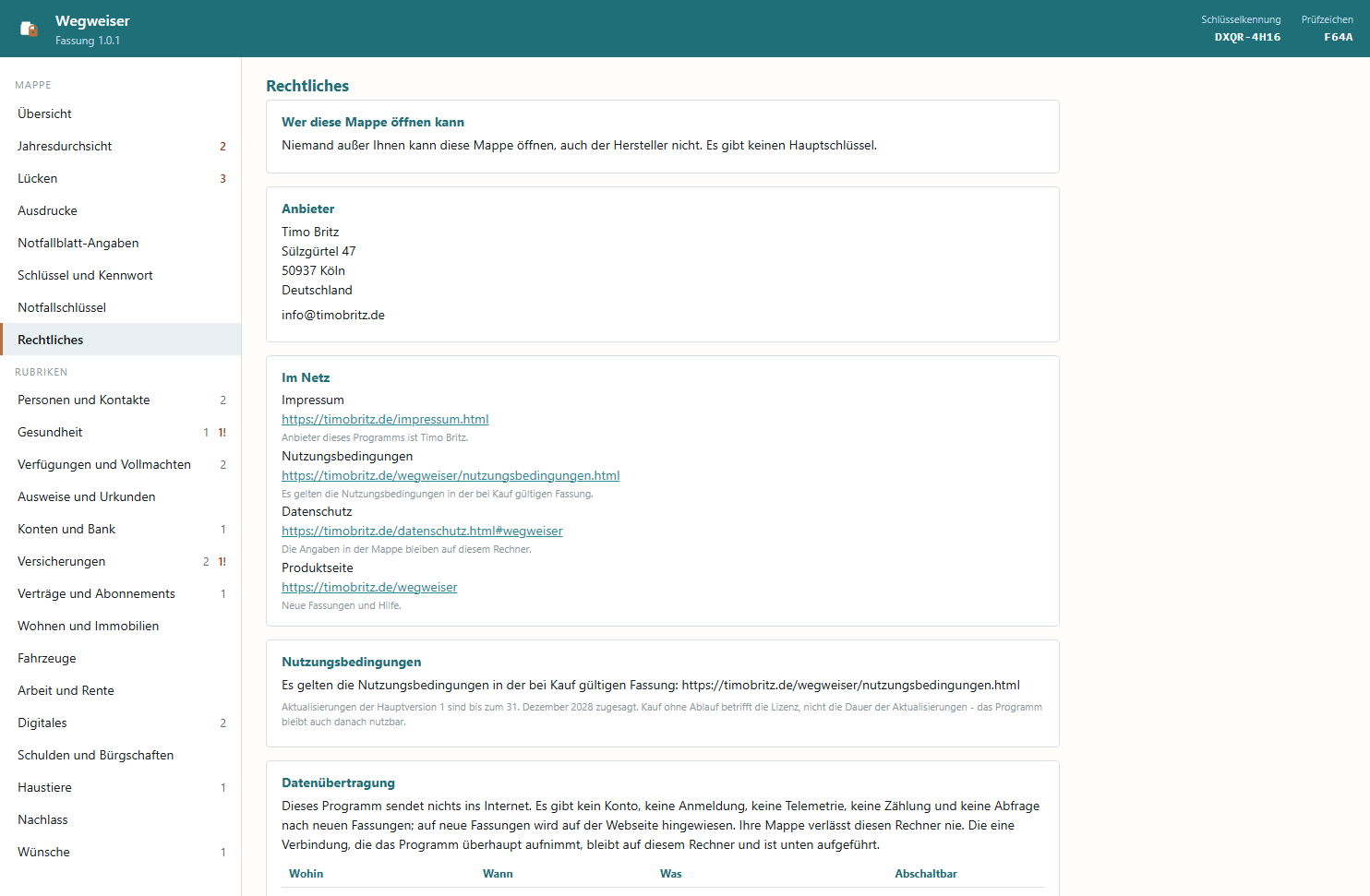 The legal section in Wegweiser with the provider, links and the note that the program sends nothing to the internet.
