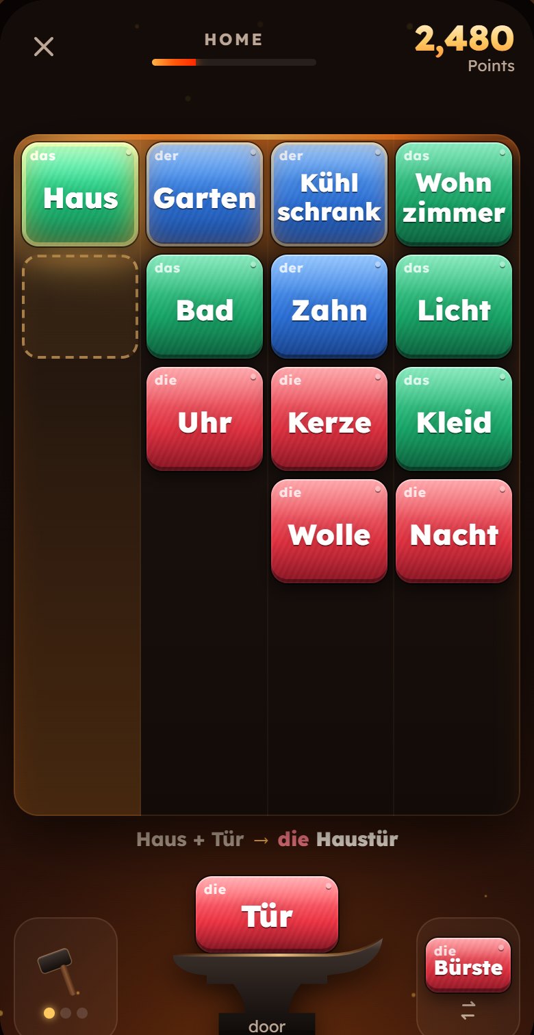 Wortschmiede on a phone: a field of word parts in blue, red and green, such as Haus, Garten and Kerze, with the next part Tür on the anvil at the bottom.