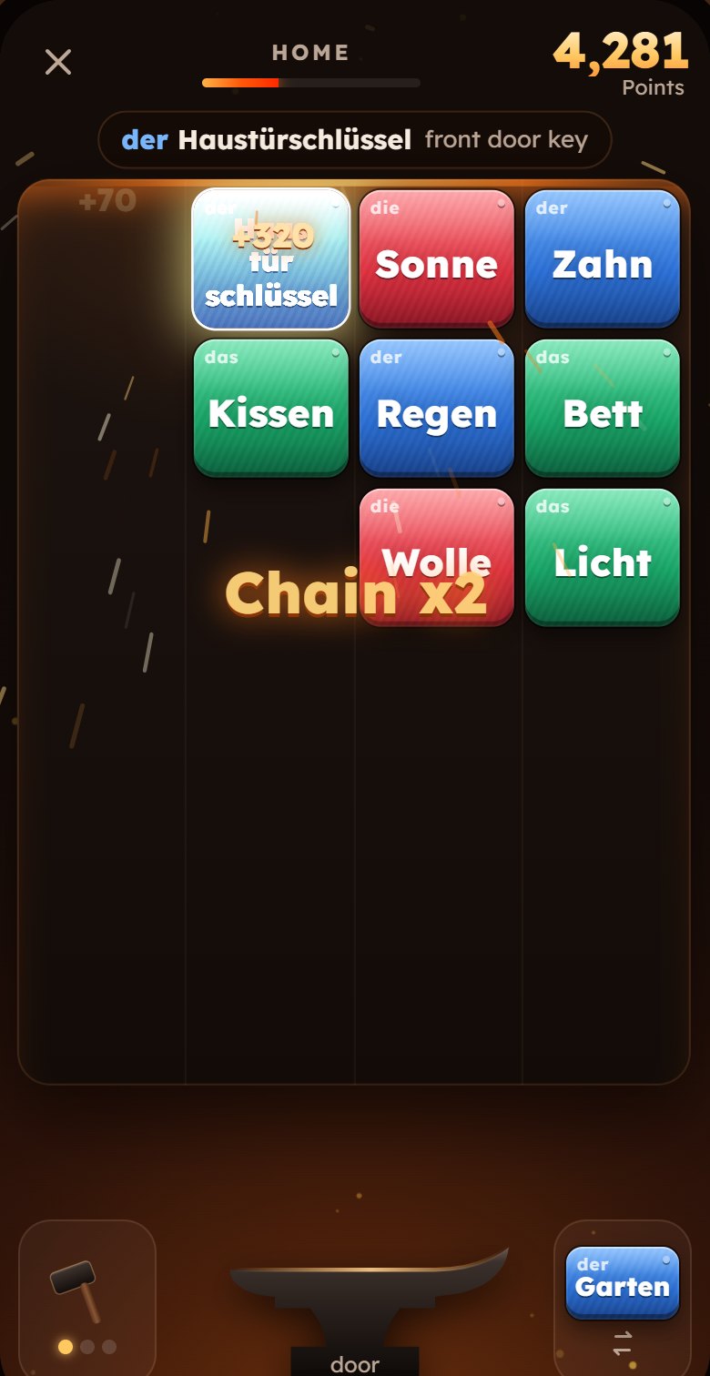 A chain: Haustür and Schlüssel fuse into Haustürschlüssel (front door key), with a chain bonus of two.