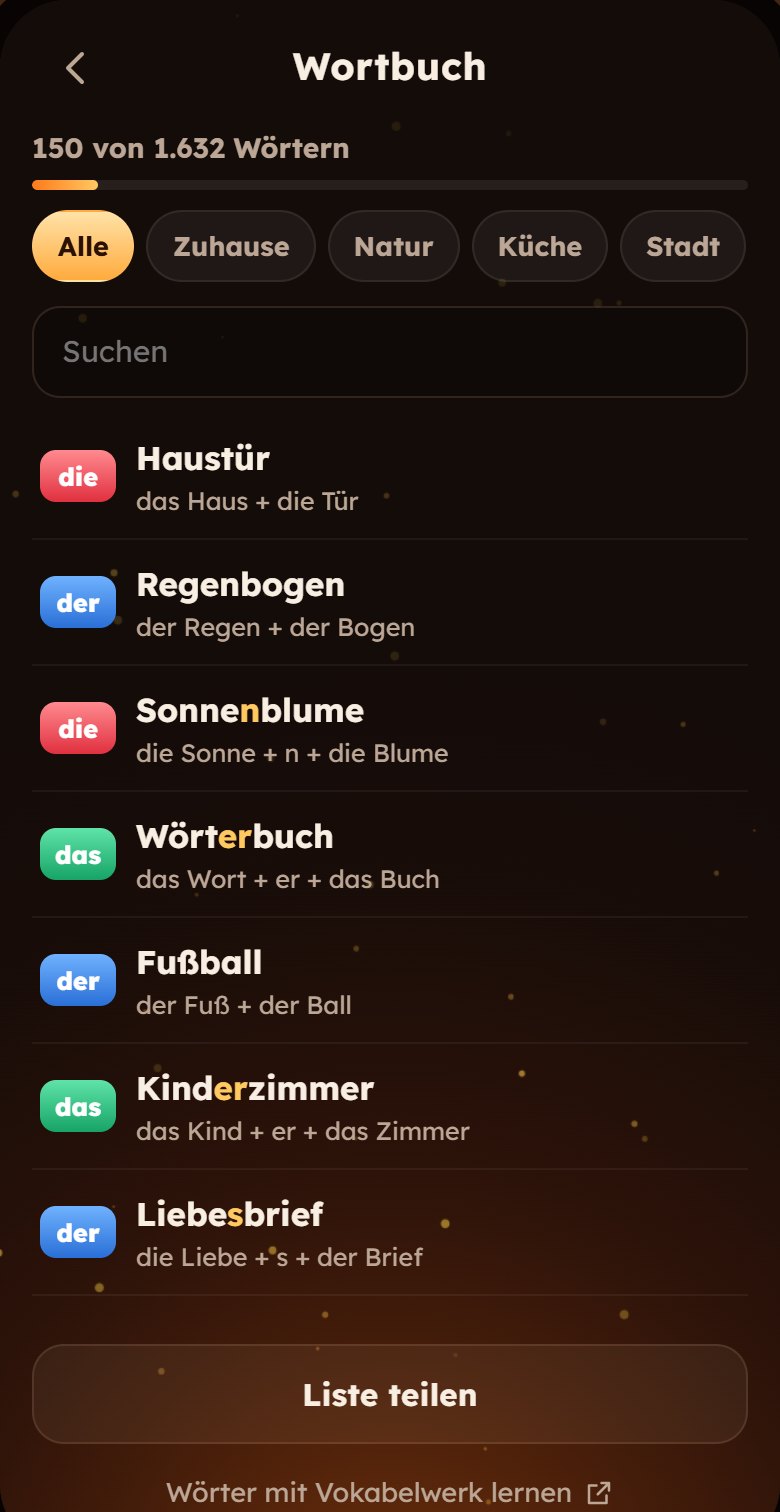 Das Wortbuch mit geschmiedeten Wörtern wie Haustür, Regenbogen und Sonnenblume, jeweils mit Bestandteilen.